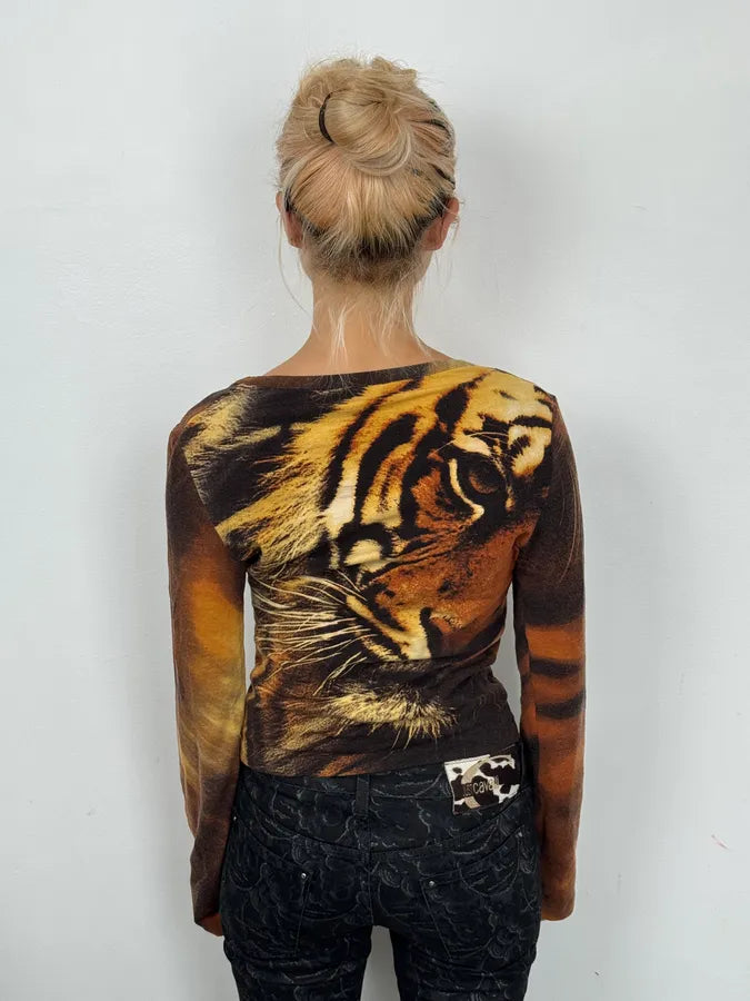 AW2000 Roberto Cavalli Orange Tiger Print Piercings Cardigan uFtLfct 3