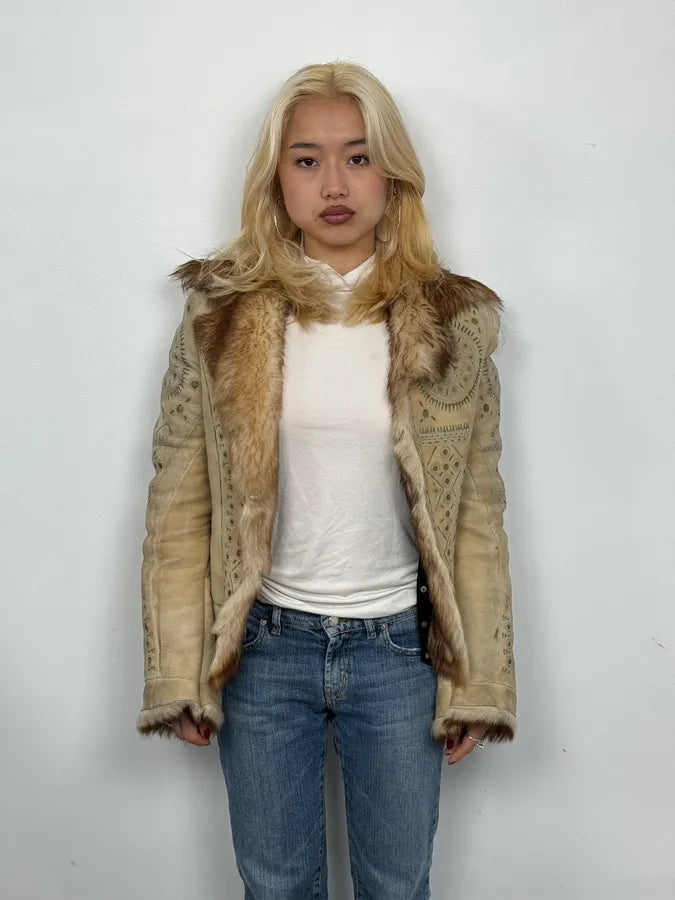 2000s Roberto Cavalli Ornament Fur Sherling Beige Jacket rYUCPvV 1