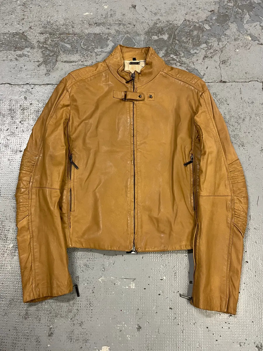 2000s Roberto Cavalli Padded Moto Beige Leather Jacket puVKrdd 0
