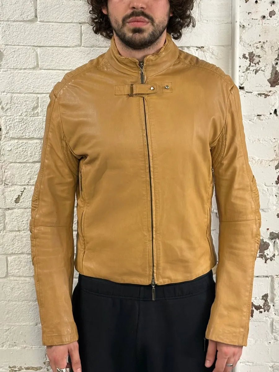 2000s Roberto Cavalli Padded Moto Beige Leather Jacket puVKrdd 1