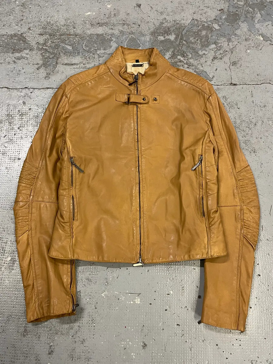 2000s Roberto Cavalli Padded Moto Beige Leather Jacket puVKrdd 3