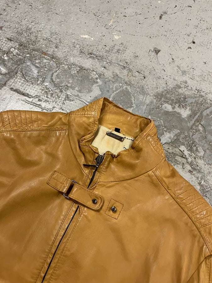 2000s Roberto Cavalli Padded Moto Beige Leather Jacket puVKrdd 4