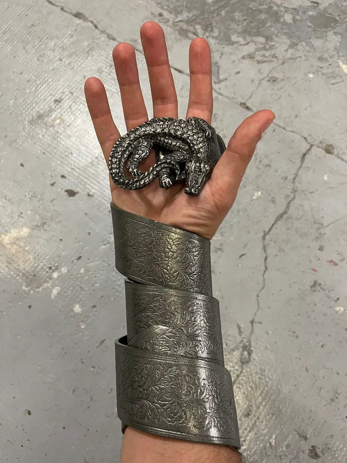 2000s Roberto Cavalli Pave Crocodile Buckle Silver Leather Belt thRnzsb 0