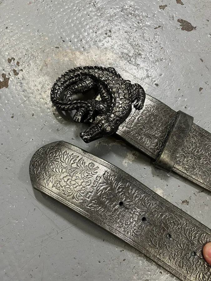 2000s Roberto Cavalli Pave Crocodile Buckle Silver Leather Belt thRnzsb 2