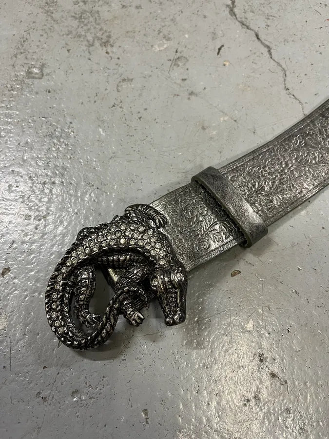 2000s Roberto Cavalli Pave Crocodile Buckle Silver Leather Belt thRnzsb 3