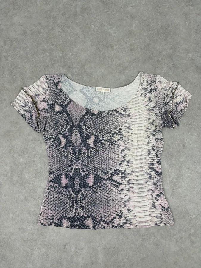 2000s Roberto Cavalli Pink Snake Print Rhinestone Short Sleeve Top fBAyxwS 0