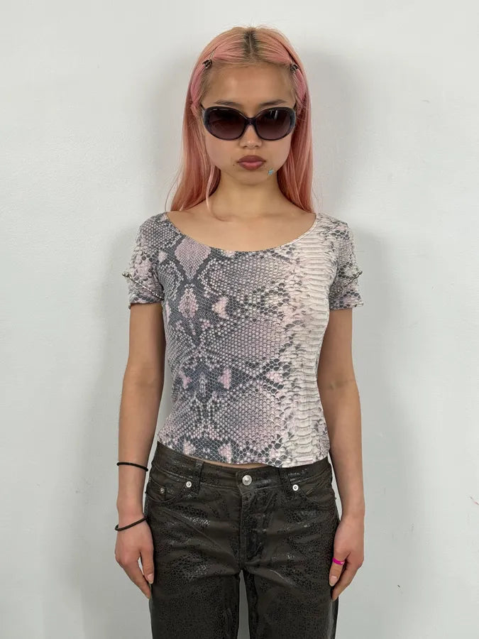 2000s Roberto Cavalli Pink Snake Print Rhinestone Short Sleeve Top fBAyxwS 1