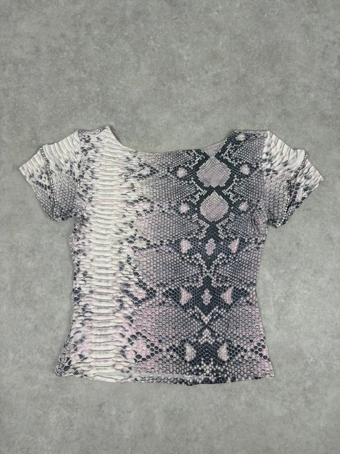 2000s Roberto Cavalli Pink Snake Print Rhinestone Short Sleeve Top fBAyxwS 4