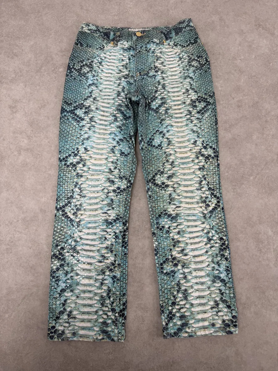 2000s Roberto Cavalli Python Snakeskin Effect Blue Pants XaoxAOs 0