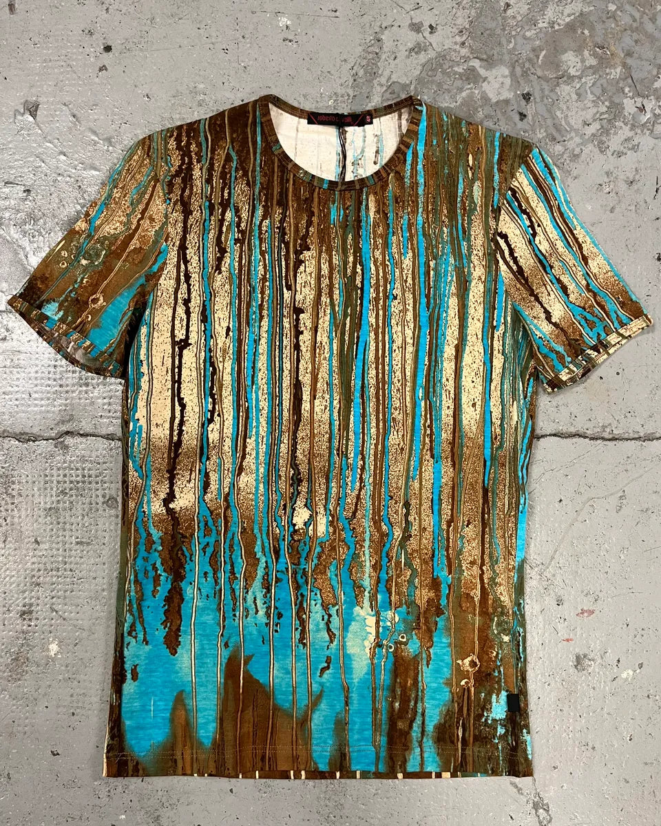 2000s Roberto Cavalli Rainy Ink Nasty Blue T-Shirt qPOrpZd 0