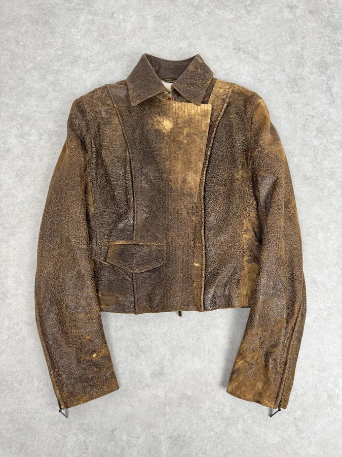 2000s Roberto Cavalli Raw Brown Leather Patchwork Lining Jacket ZhJpHmW 0