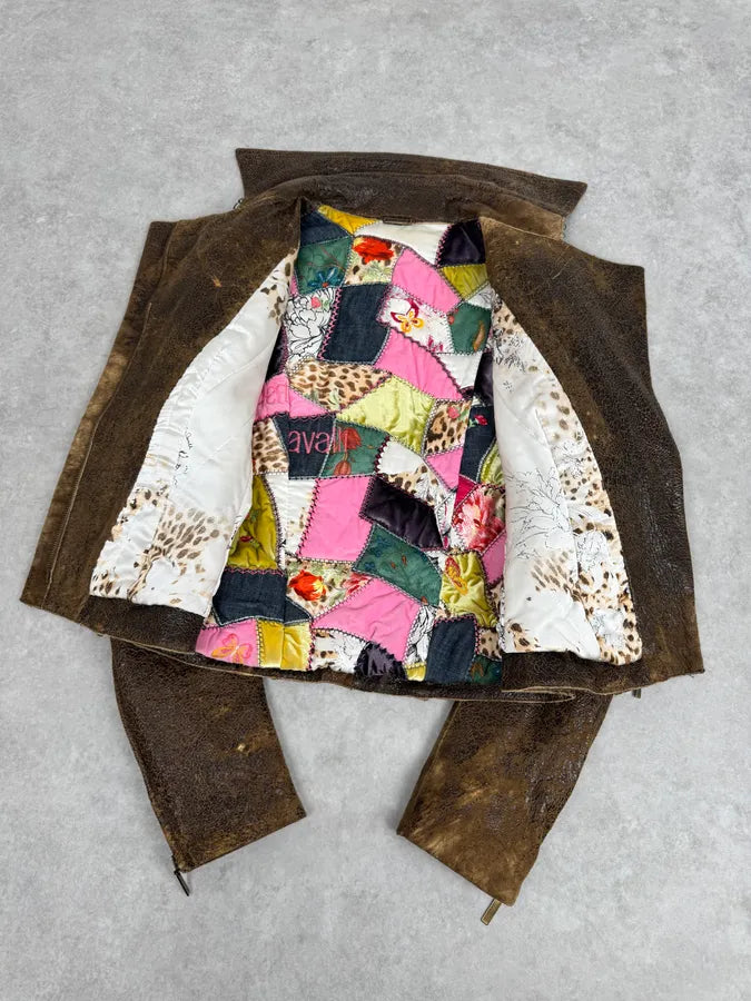 2000s Roberto Cavalli Raw Brown Leather Patchwork Lining Jacket ZhJpHmW 1