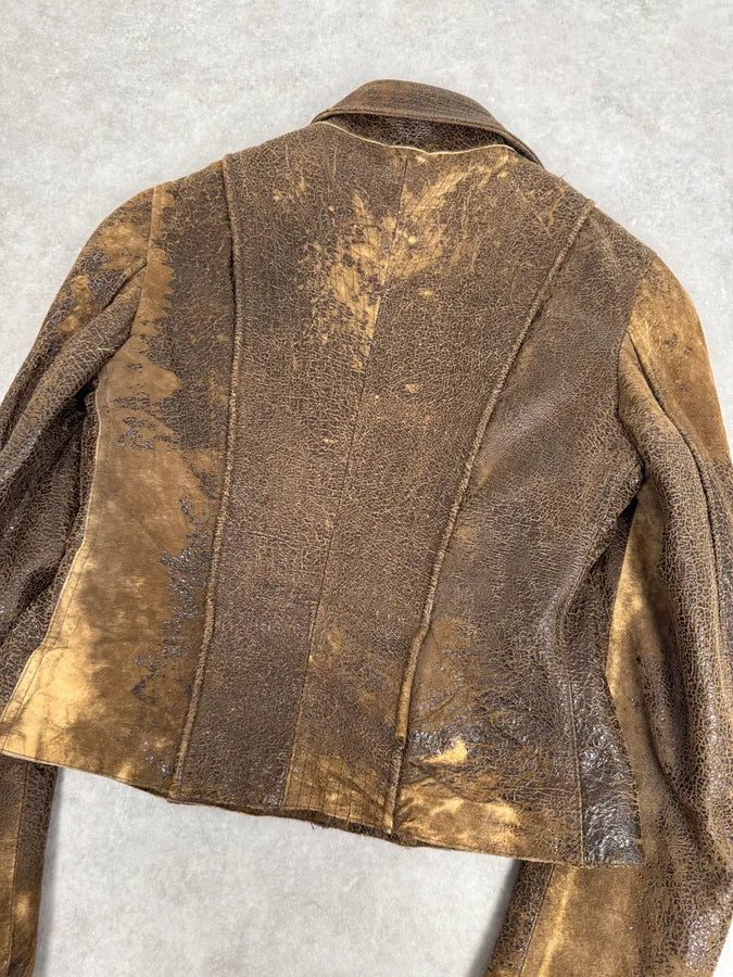 2000s Roberto Cavalli Raw Brown Leather Patchwork Lining Jacket ZhJpHmW 11