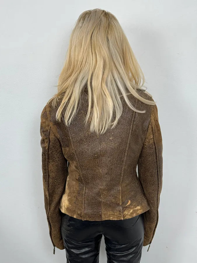 2000s Roberto Cavalli Raw Brown Leather Patchwork Lining Jacket ZhJpHmW 3