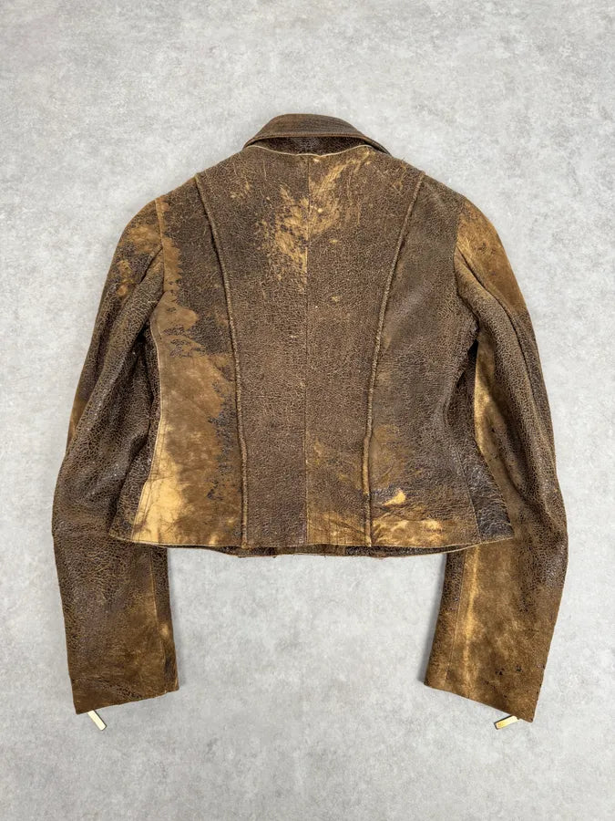 2000s Roberto Cavalli Raw Brown Leather Patchwork Lining Jacket ZhJpHmW 4