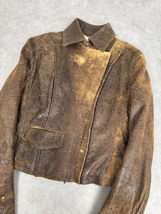 2000s Roberto Cavalli Raw Brown Leather Patchwork Lining Jacket ZhJpHmW 5