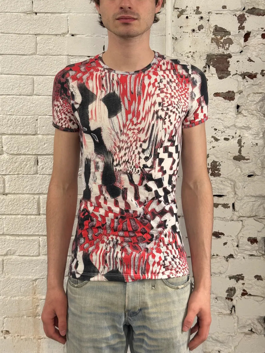 2000s Roberto Cavalli Red & Black Abstract Geometric T-Shirt RrQOHQL 1
