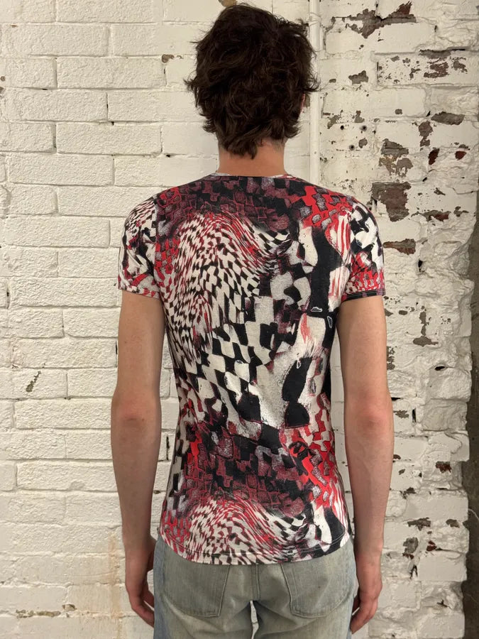 2000s Roberto Cavalli Red & Black Abstract Geometric T-Shirt RrQOHQL 2