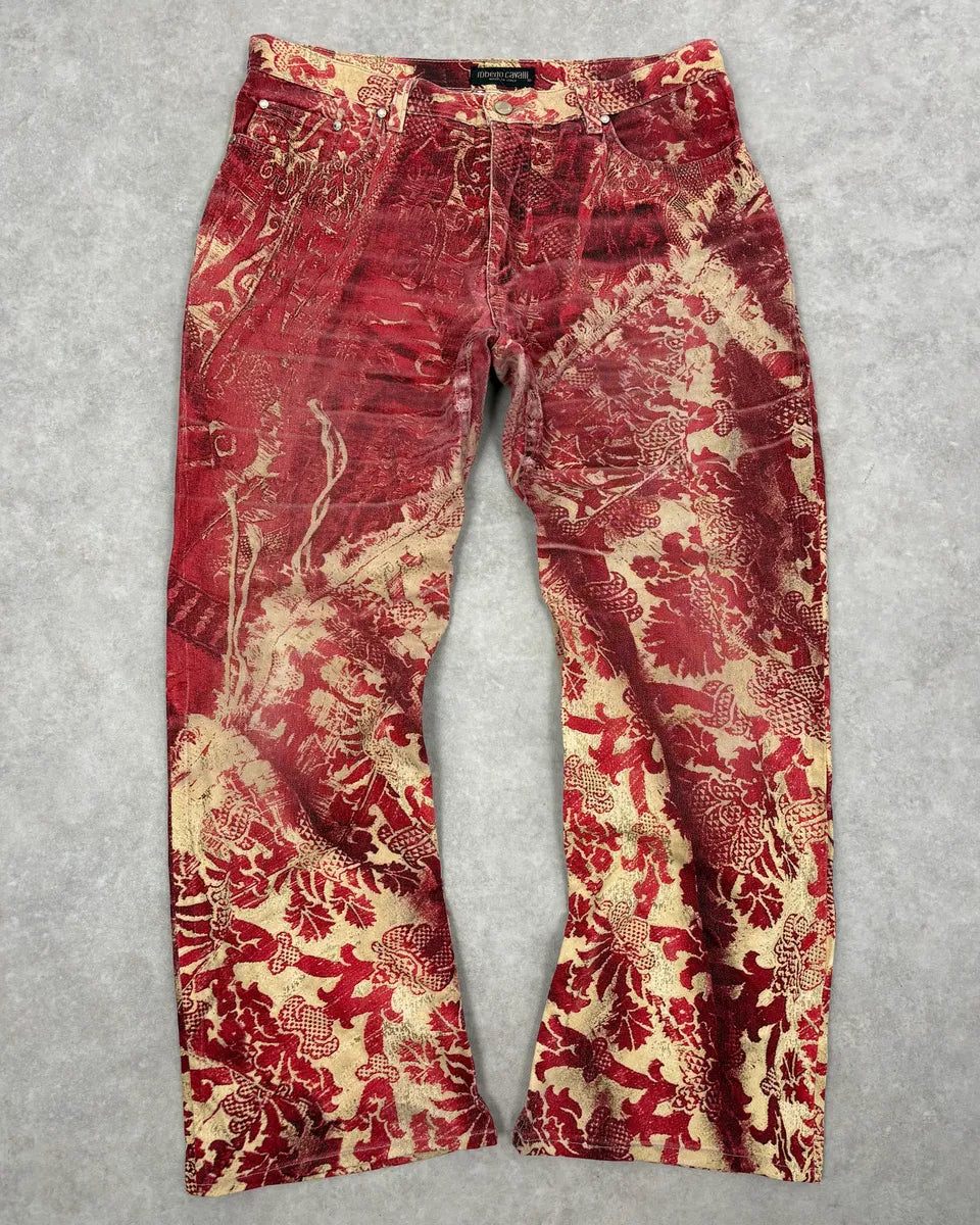 AW2002 Roberto Cavalli Red & Gold Tribal Floral Pants XInsFOC 0