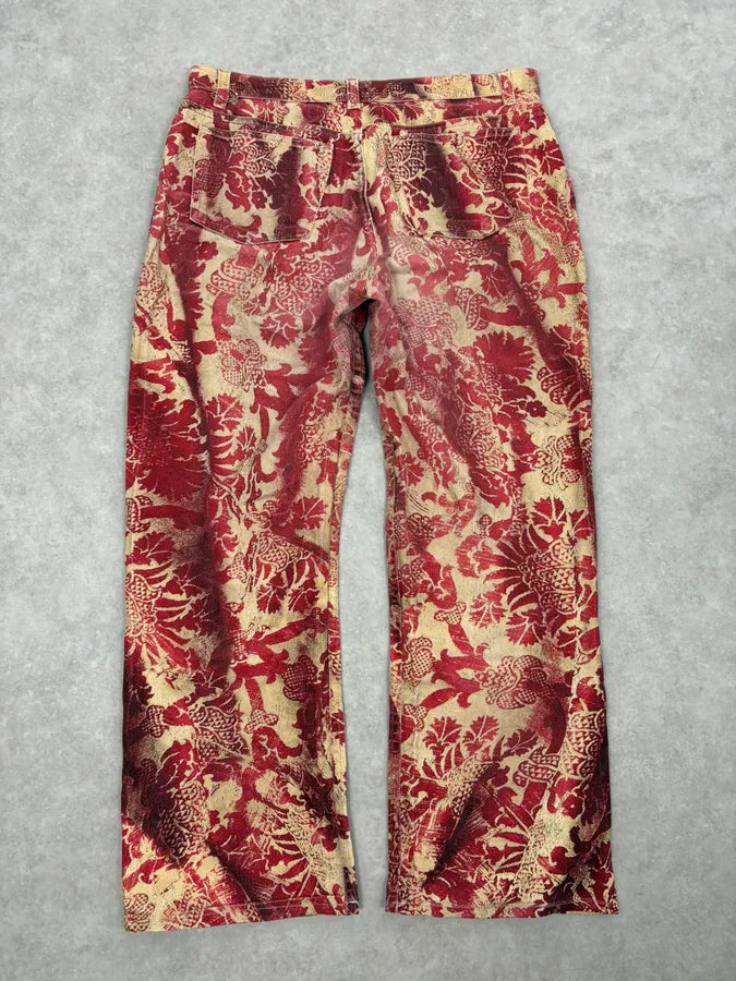 AW2002 Roberto Cavalli Red & Gold Tribal Floral Pants XInsFOC 2