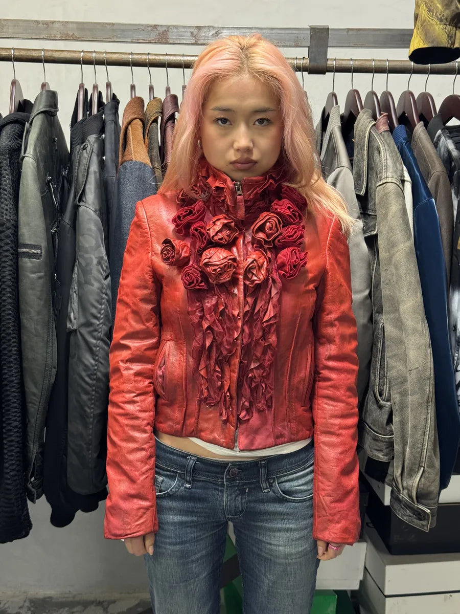 2000s Roberto Cavalli Red Rose Glamour Leather Jacket  EFfpUSb 1