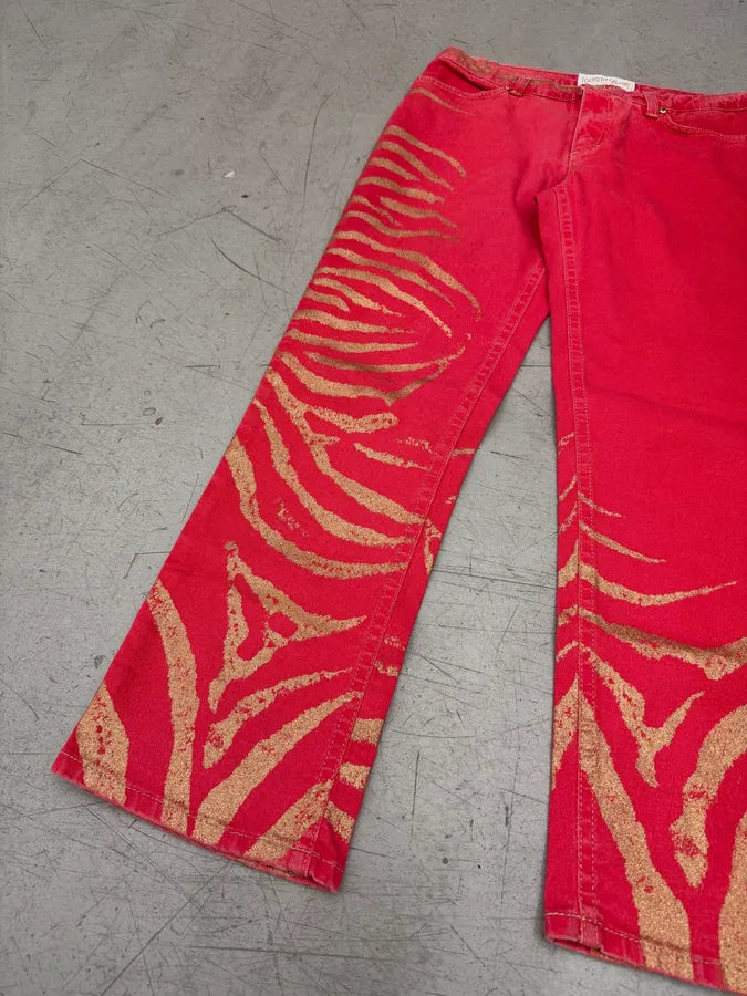 2000s Roberto Cavalli Red Zebra Stripe Gold Glitter Pants aitDEgM 7