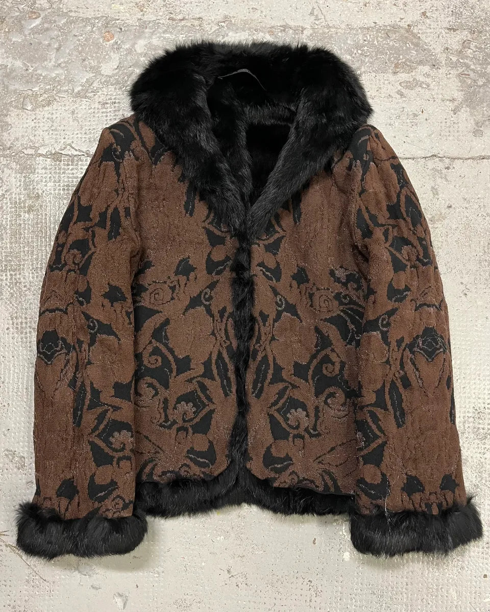 2000s Roberto Cavalli Reversible Black Fur Puffer & Ornament Brown Jacket RmURyhy 0