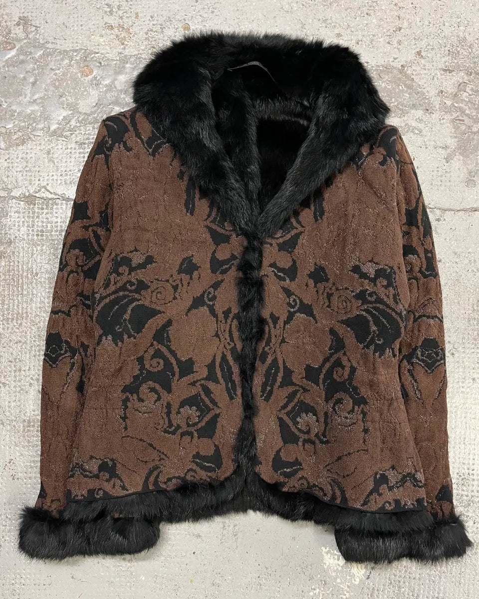 2000s Roberto Cavalli Reversible Black Fur Puffer & Ornament Brown Jacket RmURyhy 6