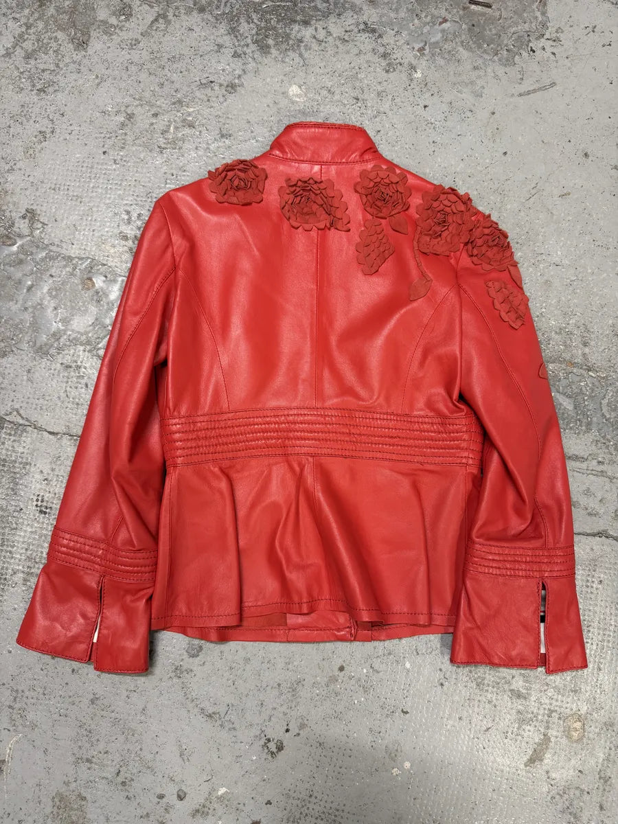 2000s Roberto Cavalli Roses Flowers Patchwork Red Leather Jacket BDZxsJY 1