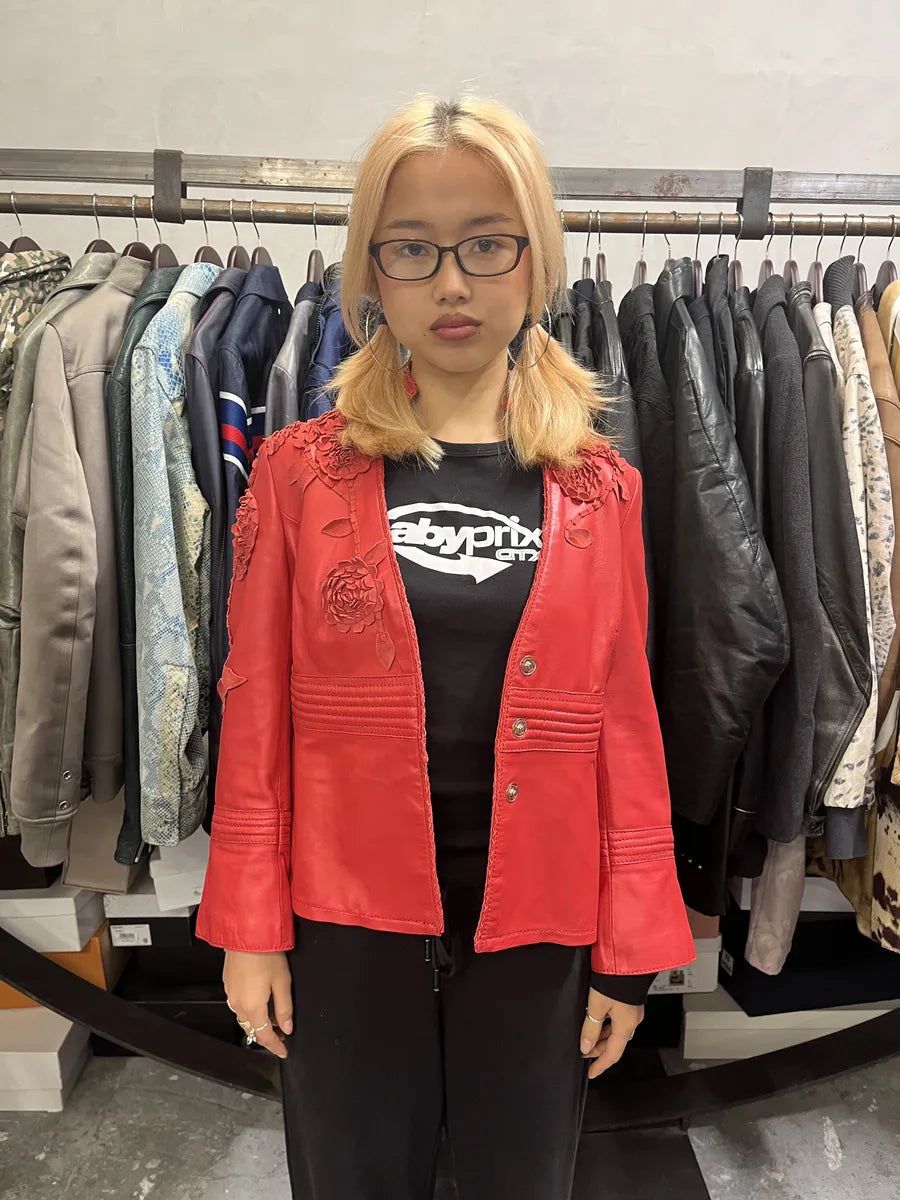2000s Roberto Cavalli Roses Flowers Patchwork Red Leather Jacket BDZxsJY 2