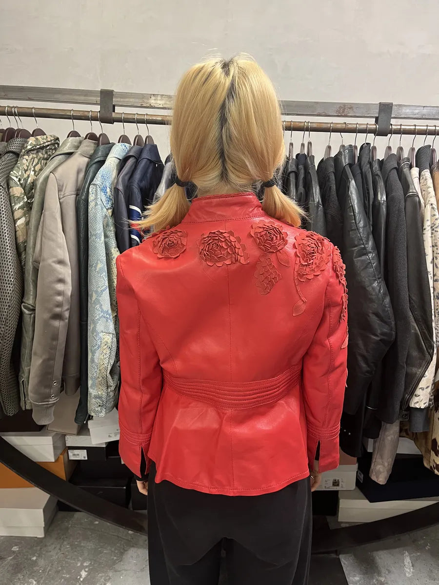 2000s Roberto Cavalli Roses Flowers Patchwork Red Leather Jacket BDZxsJY 3