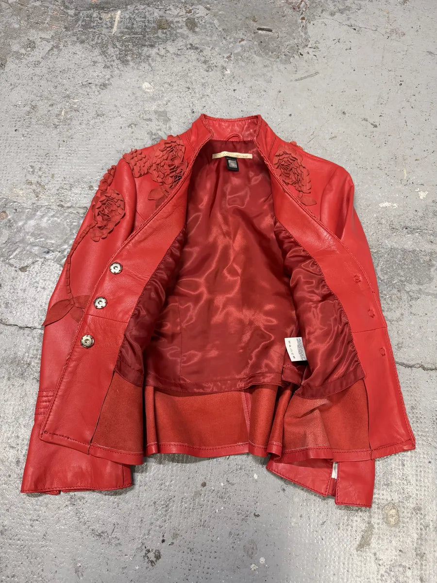2000s Roberto Cavalli Roses Flowers Patchwork Red Leather Jacket BDZxsJY 4