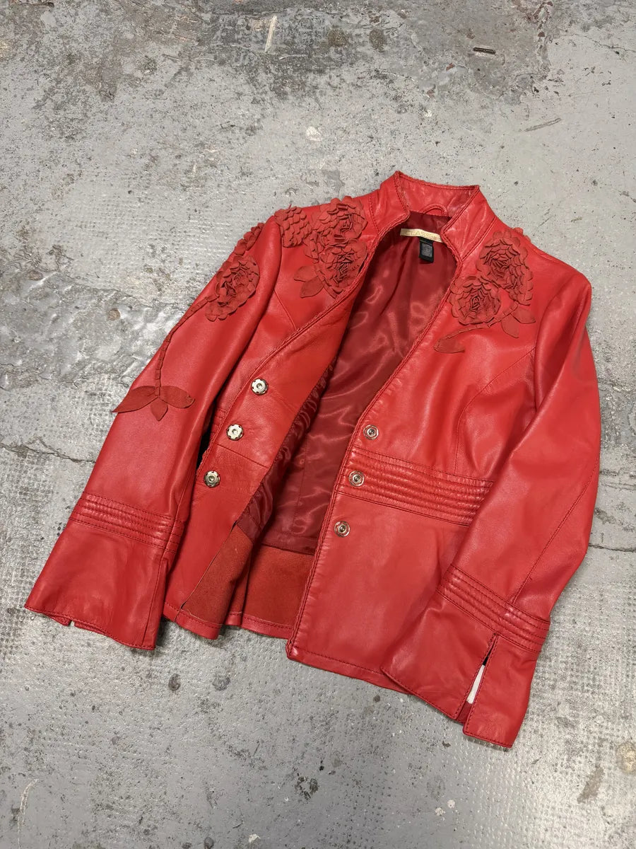 2000s Roberto Cavalli Roses Flowers Patchwork Red Leather Jacket BDZxsJY 6