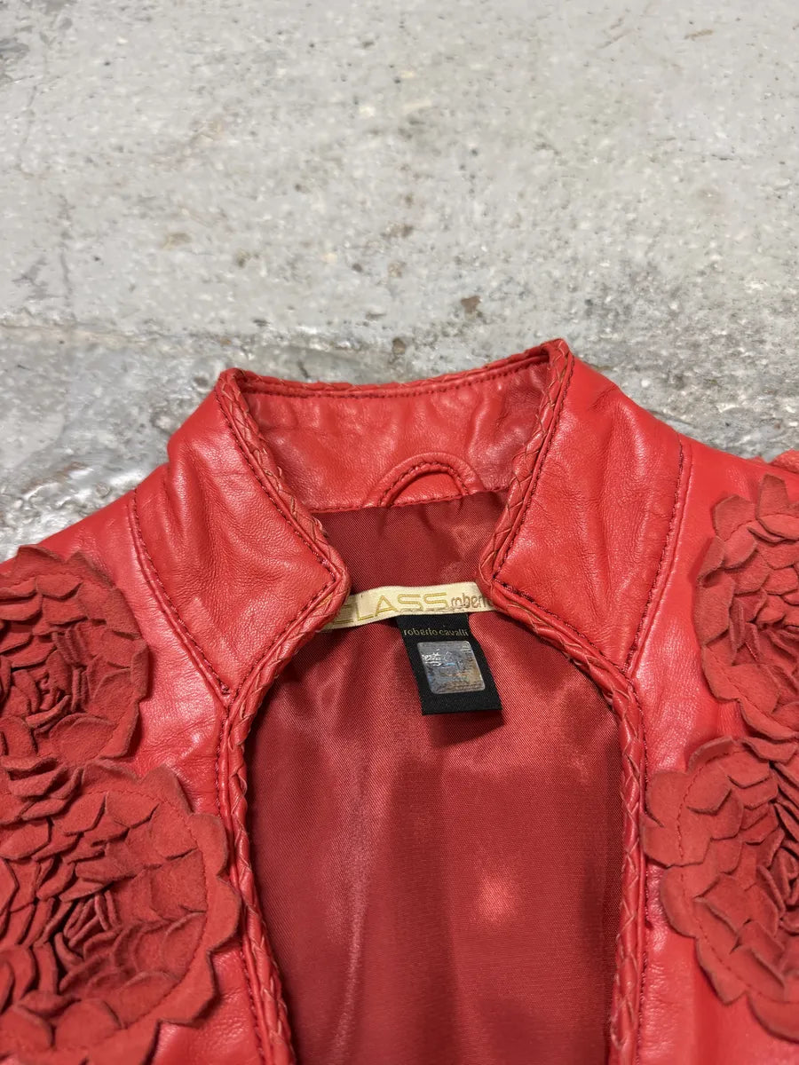 2000s Roberto Cavalli Roses Flowers Patchwork Red Leather Jacket BDZxsJY 7