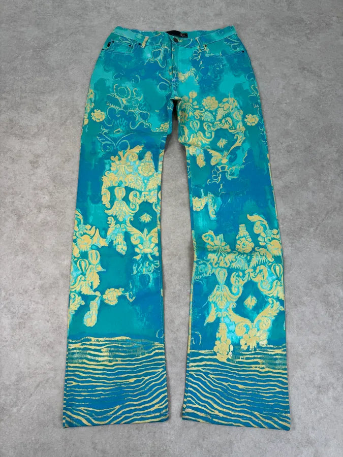 2000s Roberto Cavalli Royal Exotic Blue Turquoise Cotton Pants piudWxq 0