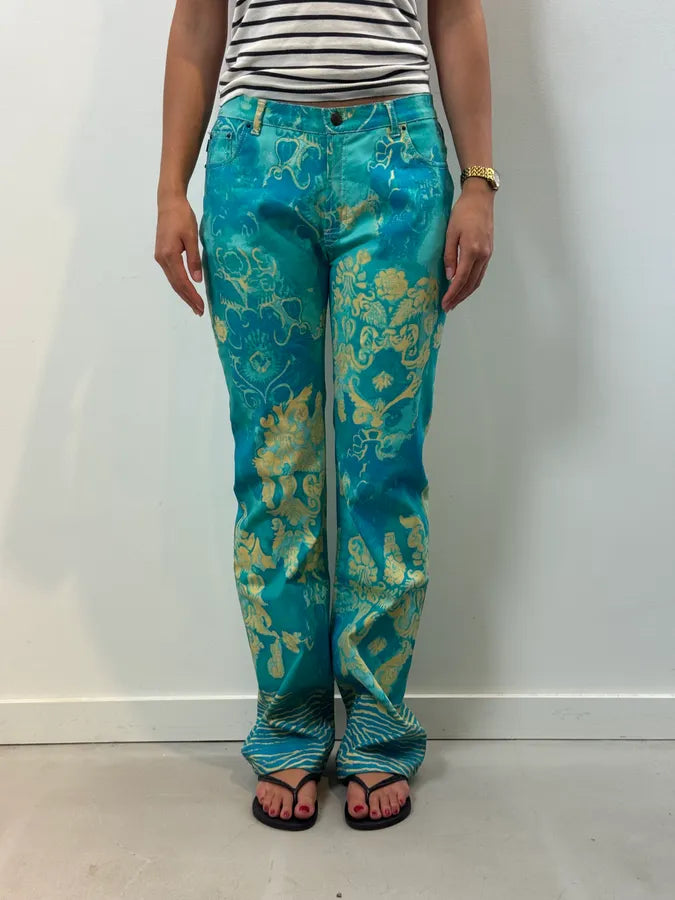 2000s Roberto Cavalli Royal Exotic Blue Turquoise Cotton Pants piudWxq 1