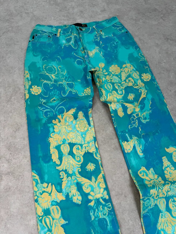 2000s Roberto Cavalli Royal Exotic Blue Turquoise Cotton Pants piudWxq 5