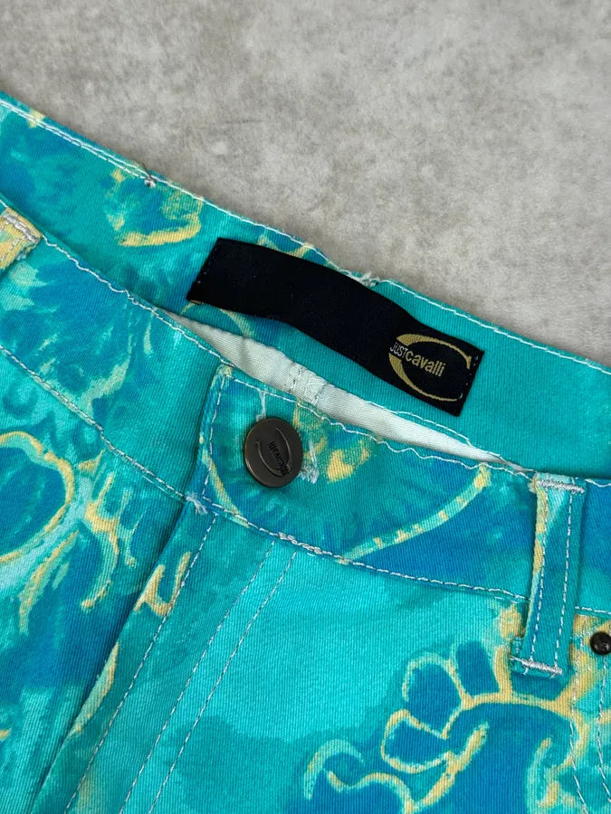 2000s Roberto Cavalli Royal Exotic Blue Turquoise Cotton Pants piudWxq 8
