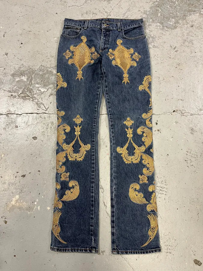 2000s Roberto Cavalli Royal Golden Molding Embroidered Denim Jeans pNkjDES 0