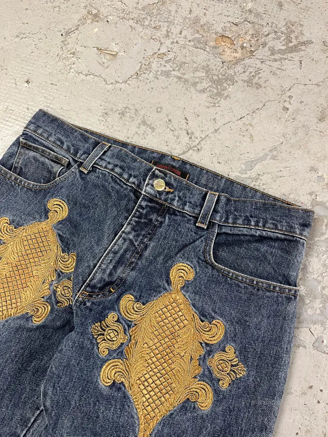 2000s Roberto Cavalli Royal Golden Molding Embroidered Denim Jeans pNkjDES 1