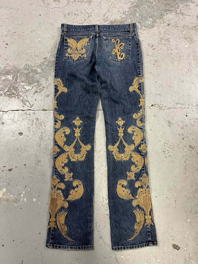2000s Roberto Cavalli Royal Golden Molding Embroidered Denim Jeans pNkjDES 3