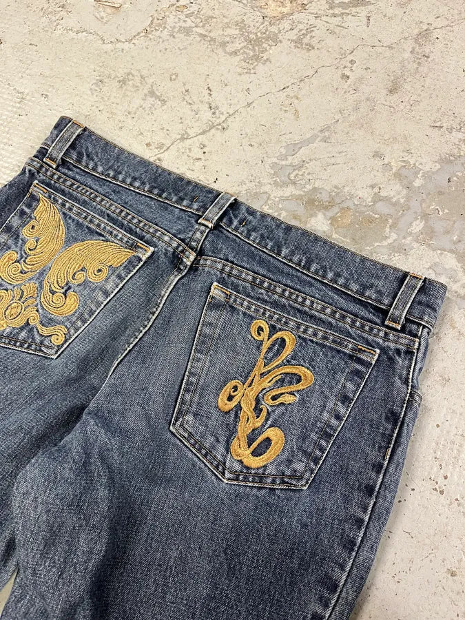 2000s Roberto Cavalli Royal Golden Molding Embroidered Denim Jeans pNkjDES 4