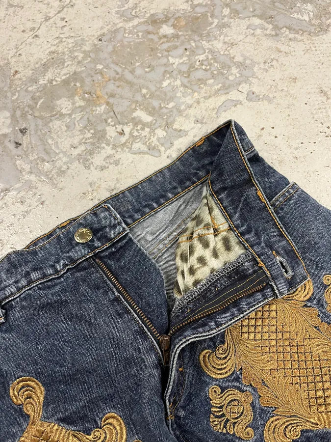 2000s Roberto Cavalli Royal Golden Molding Embroidered Denim Jeans pNkjDES 5