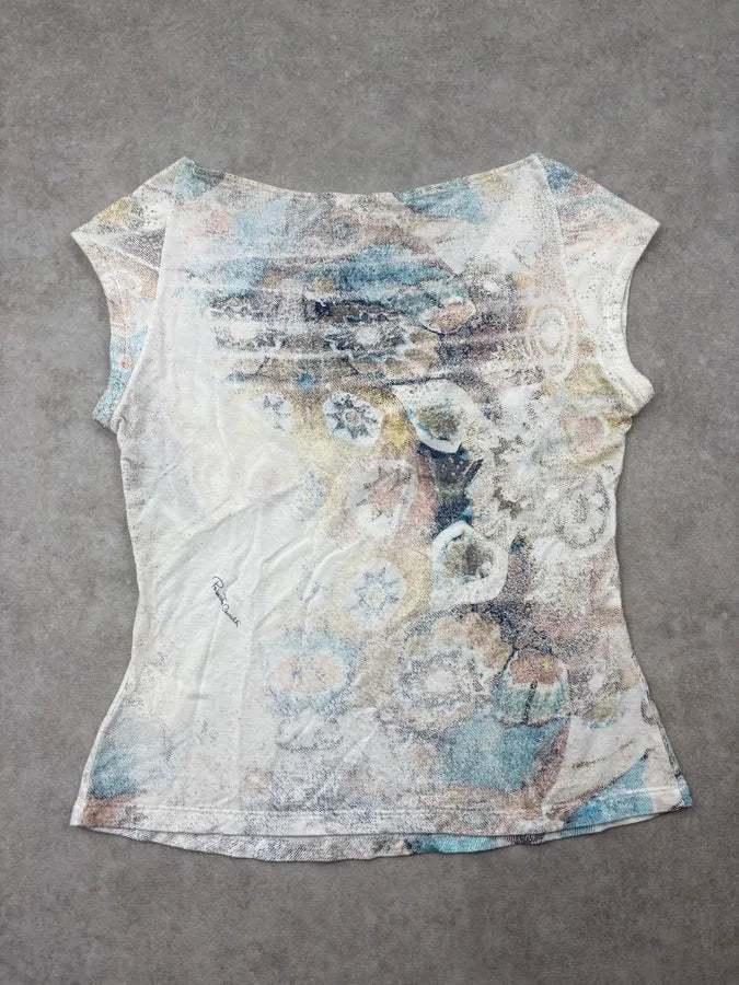 2000s Roberto Cavalli White Rust Floral Sleeveless Top qhlIJmP 5