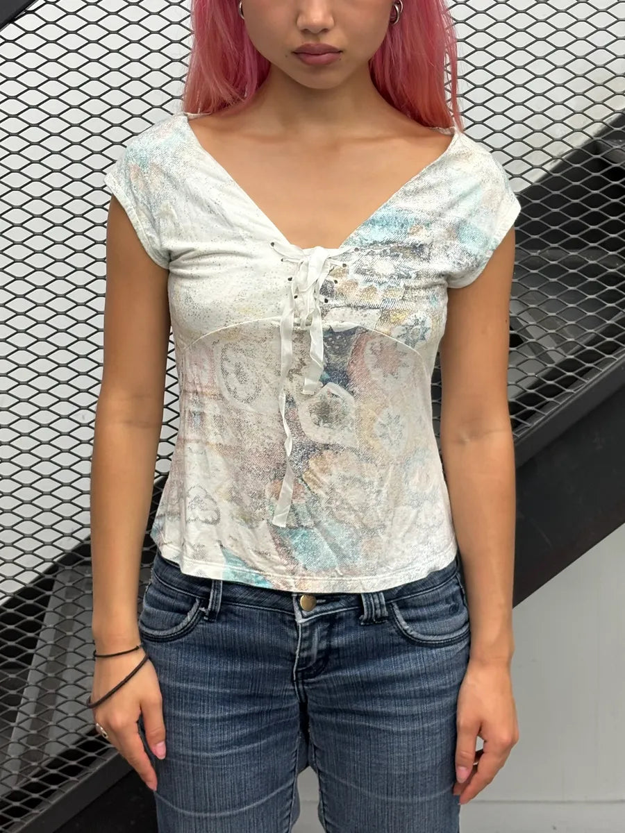 2000s Roberto Cavalli White Rust Floral Sleeveless Top qhlIJmP 0