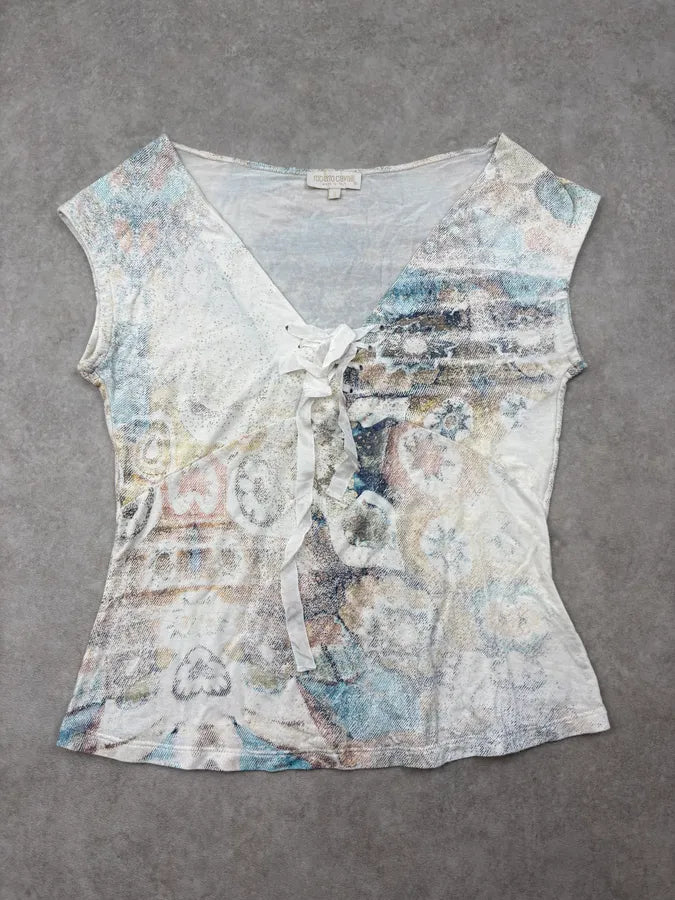 2000s Roberto Cavalli White Rust Floral Sleeveless Top qhlIJmP 2
