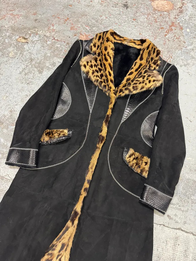 2000s Roberto Cavalli Sample Leopard Fur & Python Shearling Leather Long Coat vbJMdlS 3