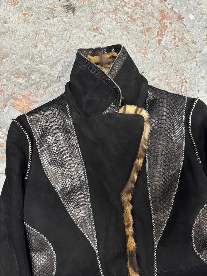 2000s Roberto Cavalli Sample Leopard Fur & Python Shearling Leather Long Coat vbJMdlS 5