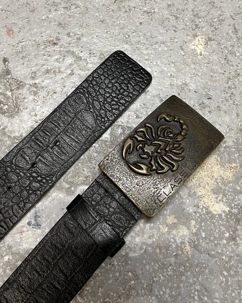 2000s Roberto Cavalli Scorpion Buckle Black Leather Belt (OS) 0