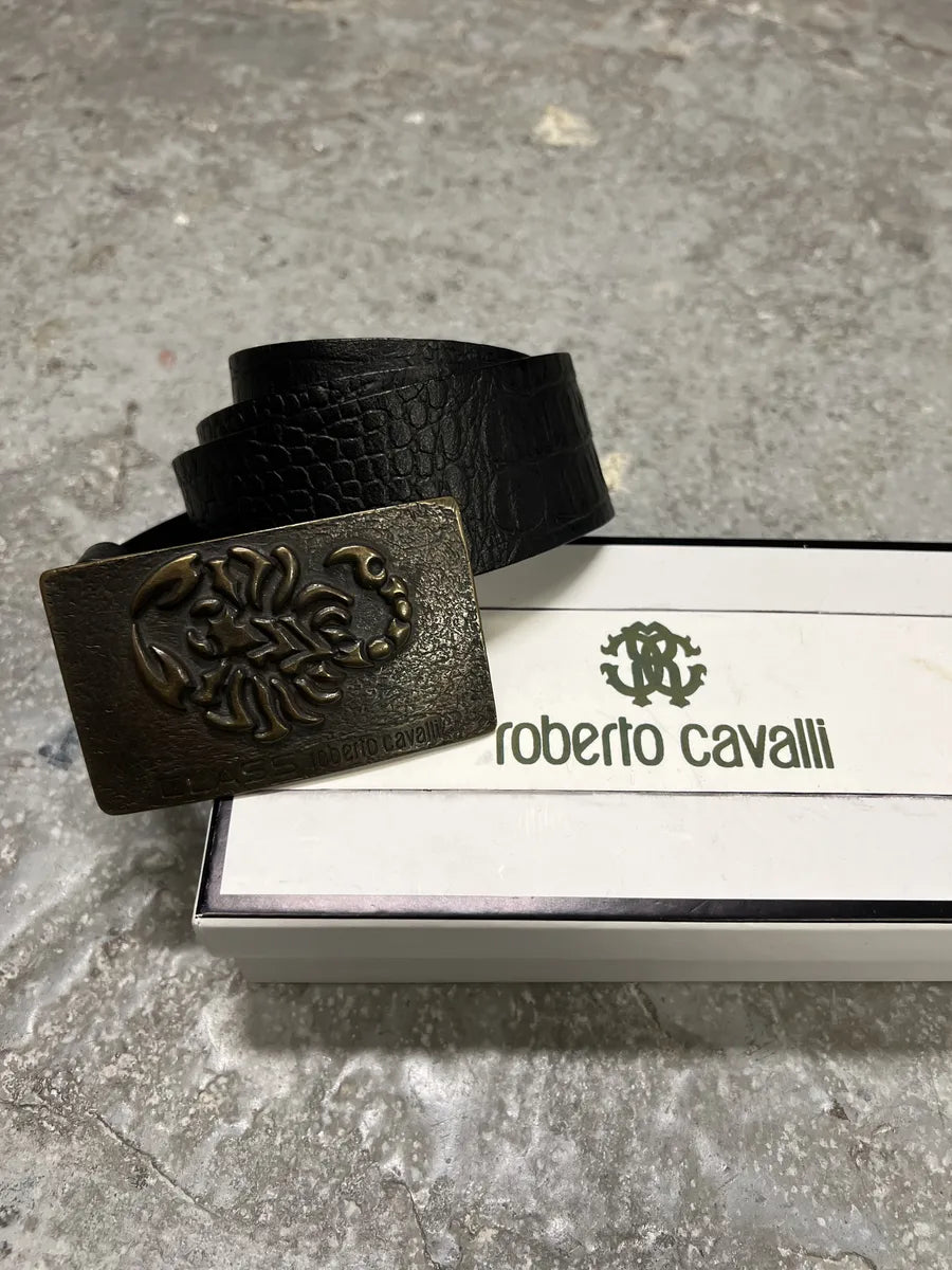 2000s Roberto Cavalli Scorpion Buckle Black Leather Belt (OS) 1